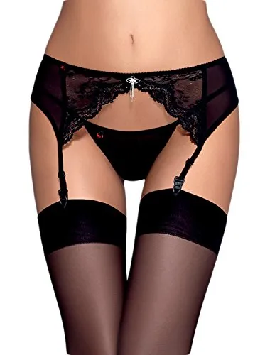 Obsessive delizioso Dessous Set con elegante reggicalze e slip in fantastica confezione regalo. Catena nera. L-XL