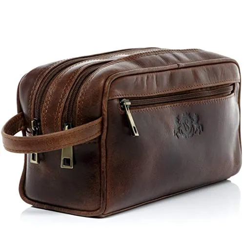 SID & VAIN® borsa toiletry vera pelle vintage GATWICK grande borsetta necessaire Toilette pochette beauty case da Viaggio uomo cuoio marrone