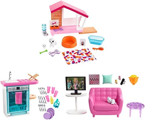 Barbie Arredamenti da Interni, Playset Accessori con 3 Mobili, Assortimento a Sorpresa, Giocattolo per Bambini 3+ Anni, FXG33, Multicolor