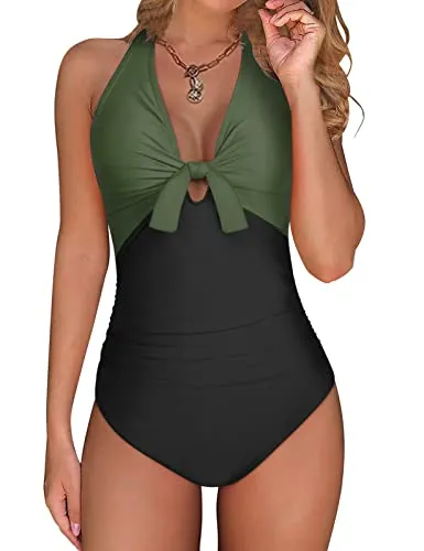 UMIPUBO Costume da Bagno Intero Donna Push Up a Vita Alta Costumi da Mare Interi Sexy Scollo V Swimsuit Un Pezzo Controllo della Pancia Spiaggia Beachwear Imbottito Halter Swimwear (Nero+Verde, XXL)