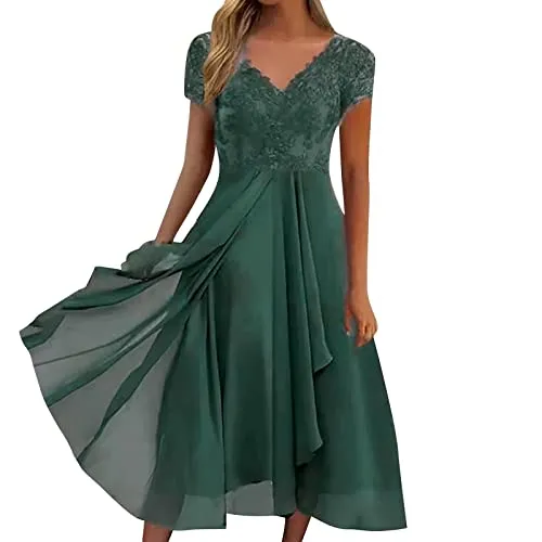 Luckywaqng Abito estivo da donna, elegante, in chiffon, alla moda, tinta unita, in pizzo, patchwork, abito da sera con scollo a V, a maniche corte, slim fit, abito estivo per feste, verde, S