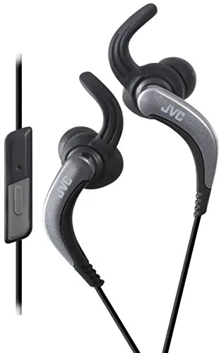 JVC Auricolari in Ear Sport con Gancio Mobile e Struttura Regolabile, Impermeabili/Lavabili (IPX5/IPX7), con Cavo Da 0.6 m e Prolunga Da 0.6 m, Auricolari di Tipo Aperto, Auricolari S/M/L e Fermaglio, con Microfono e Telecomando a Pulsante Singolo, a Prova di Sudore e di Schizzo (IPX2), Nero