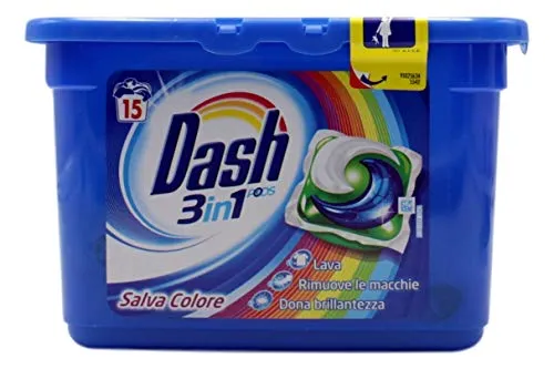 Dash Pods 3 in 1 Detersivo in Monodosi Salva Colore, 15 Lavaggi, Rimozione delle Macchie ed Alto Potere Pulente