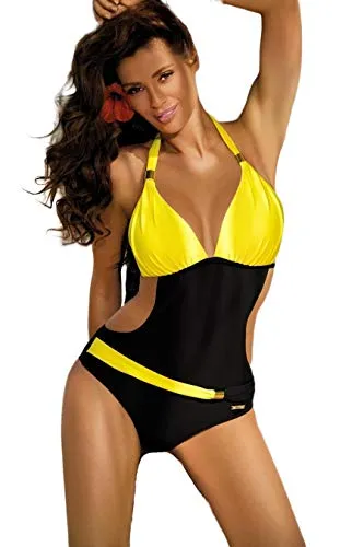 JFAN Costume da Bagno Donna Estivo con Scollo A V Bikini alla Moda di Un Pezzo Blocco di Colore Slim Halter Siamese Senza Schienale Costume da Bagno Giallo L