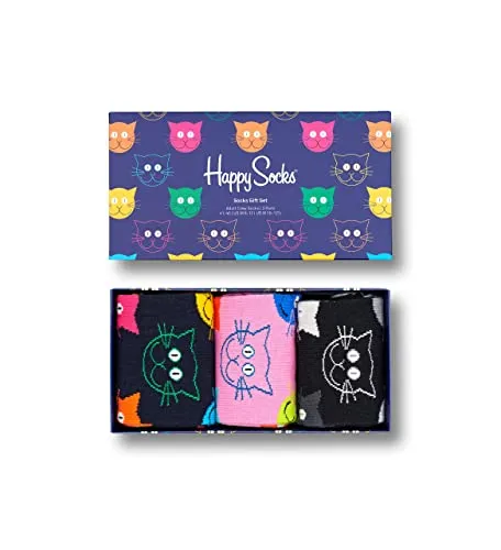 Happy Socks 3-Pack Mixed Cat Socks Gift Set, colorate e divertenti, Calzini per uomo e donna, Multicolore 3 paia (41-46)