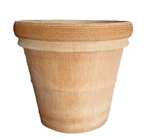 VASO DOPPIO BORDO IN TERRACOTTA + SOTTOVASO IN TERRACOTTA PER PIANTE E FIORI; DIAMETRO CM. 50, ALTEZZA CM. 44; SOTTOVASO CM. 41 FIORIERA COTTO CYCAS GIARDINO