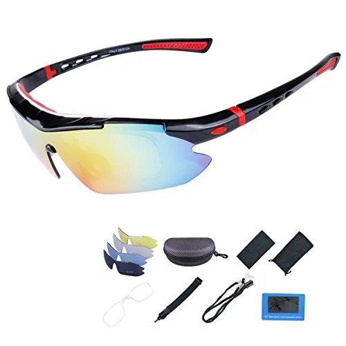 Occhiali Ciclismo Occhiali da Sole Sportivi Polarizzati con 5 Lenti Intercambiabili Uomo e Donna Antivento Aviatore Specchio per Ciclismo, Guida, Pesca, Running, Golf,Bici,Moto (Nero + Rosso)