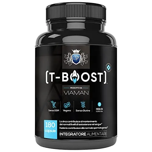 T-Boost Testosterone - Testosterone Massa Muscolare - 180 Capsule per 3 Mesi - Contiene 12 Ingredienti tra cui Zinco, Maca, Fieno Greco, Vitamina D3, B6, A, Magnesio - Testosterone Puro Senza Glutine
