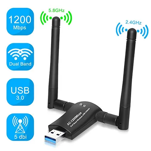 Adattatore Antenna WiFi 1200Mbps USB 3.0 Chiavetta WiFi con 5dBi Antenna Dualband (5GHz/867Mbps+2.4GHz/300Mbps) WiFi Ricevitore per Desktop/PC/Laptop/Notebook/Mac Compatibile Windows XP/Vista / 7/8/10