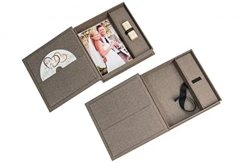 Scatola porta CD/USB per matrimonio, con spazio per foto, in tessuto di lino marrone