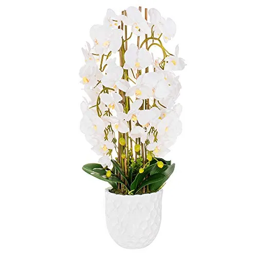 SPRINGOS Orchidea Artificiale con Fiori e Vaso in Ceramica Fiore Artificiale Fiore Artificiale 85 cm (Bianco)