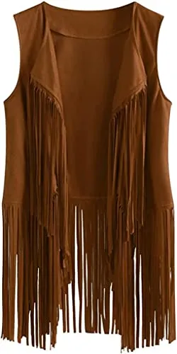MIMIKRY Gilet con frange effetto camoscio, cowgirl hippie indiana boho festival anni '60, taglia XL, colore: marrone