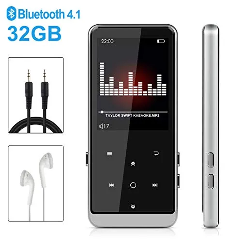 Lettore MP3 Bluetooth,32GB MP4 Player Portatile 48 Ore HiFi Lossless Musicale RadioFM Registrazione Video E-book Supporto Fino a 128GB, Le Cuffie e Cavo Aux Inclusi