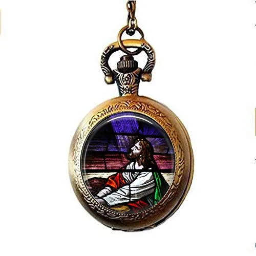 Collana con orologio da tasca in stile Gesù, con Gesù in preghiera, finestra della chiesa, regalo religioso, gioielli