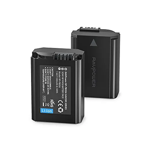 Sony NP-FW50 RAVPower Batterie di Ricambio da 1100mAh 2 pezzi, Compatibile con Serie Sony a6000 a6300 a6500 NEX SLT Cyber-shot DSC Alpha - Nero