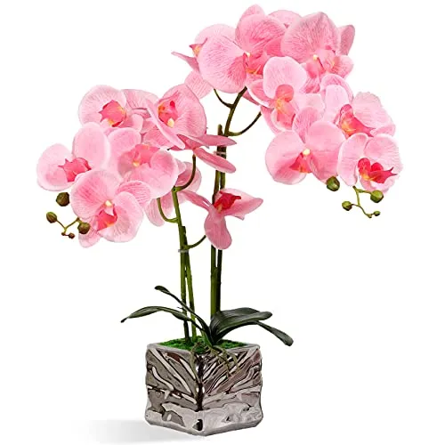 Orchidea artificiale rosa pianta orchidea orchidea artificiale fiori bonsai con vaso in argentata pianta artificiale per casa camera da letto cucina bagno decorazione della tavola