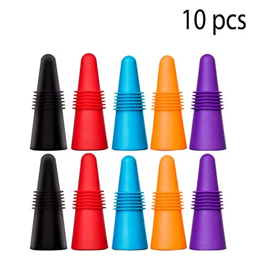 10 pezzi Tappi per Vino, CNYMANY Riutilizzabile Silicone Sigillatore di Bottiglia per Bevande con Impugnatura Top per Sughero per Mantenere Vino Fresco - Rosso, Blu, Arancione, Viola, Nero