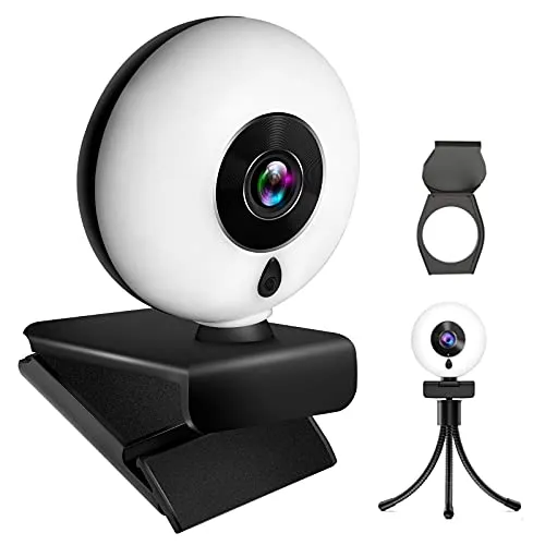 Tikland Webcam HD, Webcam PC con Microfono, Webcam USB con Fuoco Automatica, Web Camera Luce ad anello incorporata a 3 livelli, Plug e Play, Webcam Streaming per Xbox One Gamer, Facebook e Youtube