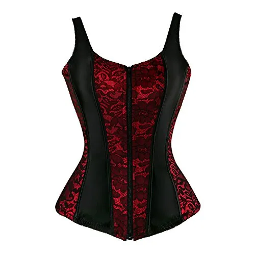 jutrisujo corsetto donna bustino corsetto jacquard cerniera top sexy gotico elegante burlesque halloween Rosso nero m