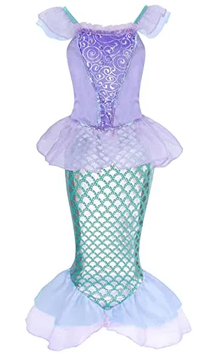 AmzBarley Costume della Sirenetta Vestito vestirsi Ragazza Bambina Coda di Pesce Costumi di Halloween Vestiti Compleanno Carnevale Abiti Viola 5-6 Anni 120