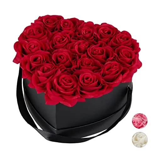 relaxdays Box di Rose a Forma di Cuore, 18 Rose, Nero, Resistente 10 Anni, Idea Regalo, Box Decorativo, rossi