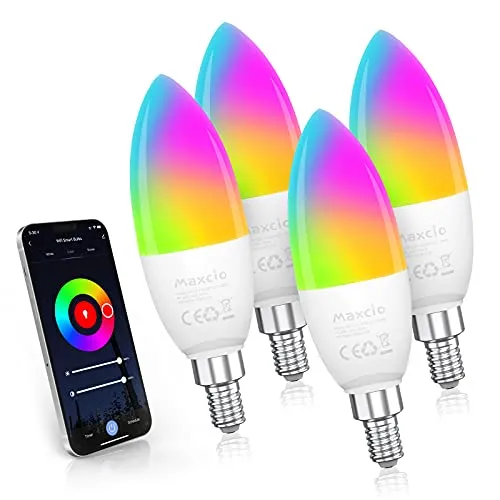 Lampadina LED WiFi E14,Maxcio Lampadine Smart LED 5W=40W,Dimmerabile RGB Colore Cambiano Lampadina Funzione con Alexa/Google Home, 2700-6500KBianco Freddo Caldo , Controllo da APP o Voce (4 Pezzi)