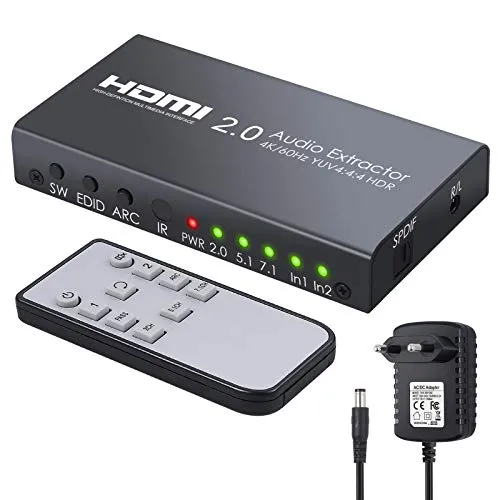 LiNKFOR HDMI Switch 2.0 4K@60Hz HDR YUV 4:4:4 ARC con Estrattore Audio + Alimentatore HDMI Switcher 2 In 1 Out con IR Telecomando HDMI Convertitore Audio per Blu-ray PS4 Pro Proiettore HDTV