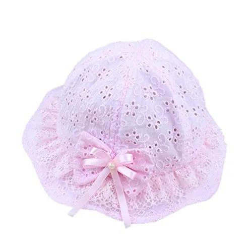 Tininna Cappello parasole forato a fiorellini, con fiocco e perlina, con laccio, per neonata rosa Rose