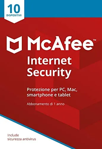 McAfee Internet Security 10 Dispositivi | Abbonamento di 1 anno | PC/Mac/Smartphone/Tablet | Codice di attivazione via posta