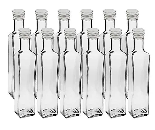 12 bottiglie di vetro vuote Maraska da 250 ml con etichette scrivibili, inclusi tappi a vite color argento, rettangolari, da riempire, per liquori e grappe