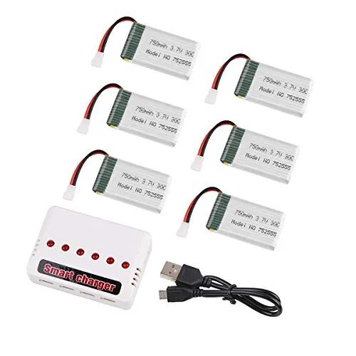 Makerfire 6pcs 1S 3.7V 750mAh Lipo Batteria 30C con Caricabatterie 6 in 1 Intelligente Ricarica Veloce per Syma X5 X5A X5SW X5C X5C-1 RC Quadcopter Drone Ricambi