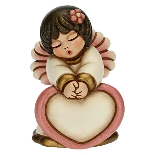 THUN - Soprammobile Angioletto Rosa con Cuore - Bomboniere Battesimo Bambina - Linea Cerimonia - Formato Piccolo - Ceramica - 5,4 x 5 x 7 h cm