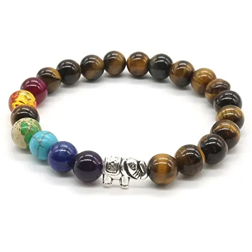 Mayting 7 Chakra - Meditazione Bracciale da Bracciale di Pietra Occhio di Tigre Pietra Naturale Gemma Perla Tonda Yoga Reiki Bracciale- Lucky Elephant