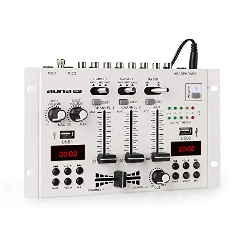 AUNA Pro DJ-22BT MKII - Mixer Consolle Dj, 3/2-Canali, Bluetooth, 2 x USB, 2 Display, Ingressi e Uscite RCA, 3 x Jack per Cuffie da 6.3 e 2 Microfoni, Bianco