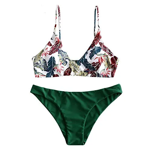 Zaful Bikini da donna composto da reggiseno push-up e slip a vita alta, con motivo floreale, costume da bagno estivo verde scuro S