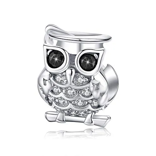 Charm in argento Sterling 925 con ciondolo a forma di gufo e zirconi cubici, compatibile con braccialetti Pandora