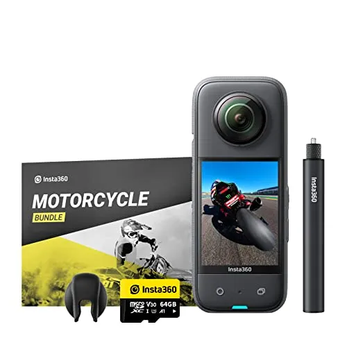 Insta360 X3 Kit Moto - Action Cam 360 impermeabile con sensore da 1/2", foto 360 da 72MP, video 360 5.7K, stabilizzazione, touch screen 2,29", vibrazione, editing IA, live streaming, webcam