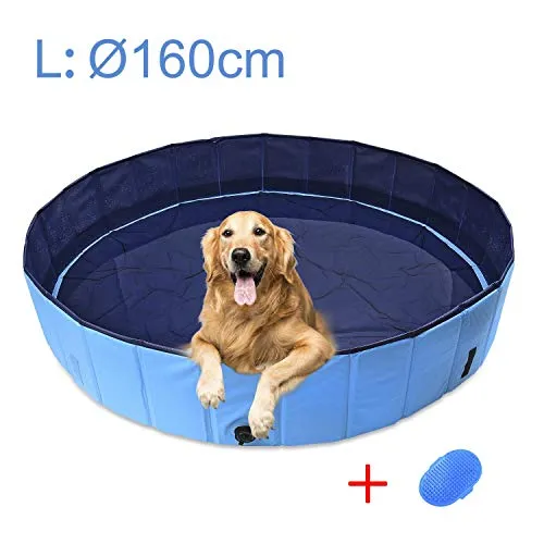 Dog Pool Ø160cm Piscina per Cani, Cani Animali Portatile Pieghevole 160x30cm Blu Rigida, Piscinetta Bambini in PVC, Mini Vasca Esterno Grandi
