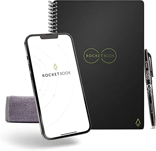 Rocketbook Core Quaderno Appunti Digitale - Riutilizzabile Taccuino Digitali A4 Nero Quaderno A Spirale Puntinato, Block Notes, Penna Cancellabile Pilot Frixion Inclusi, Ufficio Gadget Tecnologici