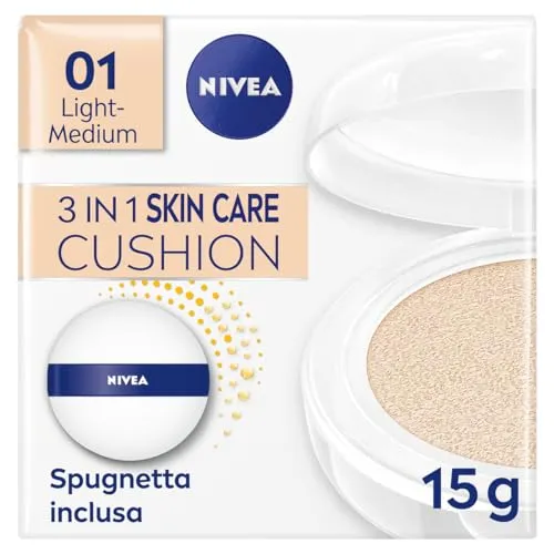NIVEA Q10 Plus Anti-Age 3in1 Skin Care Cushion 15ml, Crema colorata viso idratante e anti-età, Crema Viso antirughe e BB cream FP15, Fondotinta cushion arricchito con Coenzima Q10, 01 Light-Medium