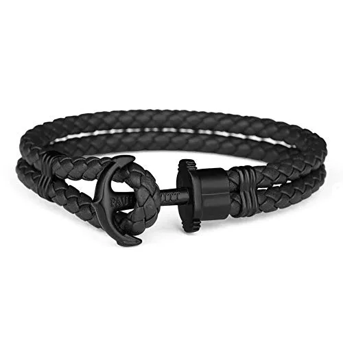 PAUL HEWITT Bracciale uomo con ancora PHREP - Bracciale uomo ancora in pelle (nero), Bracciale uomo marinaro con ciondolo ancora in acciaio (nero)