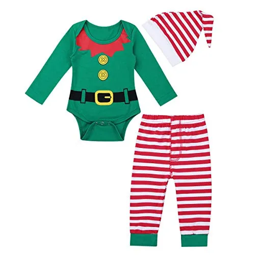 iEFiEL Costume da Elfo di Natale per Neonato Bimbo Baby 3 PCS Pagliaccetto Natalizio + Cappello + Pantaloni Outfits Vestito Babbo Natale Regalo di Natale 0-12 Mesi Verde A 9-12 Mesi