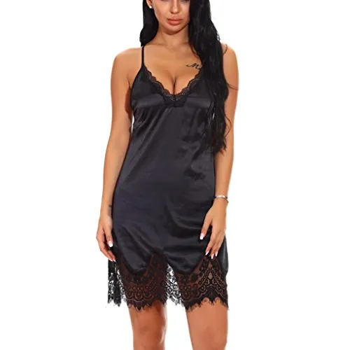 Leey Camicia da Notte con Una Perizoma Donna Esotico Sexy Lingerie Pizzo e Mesh Babydoll Set Grande Size Biancheria Intima Confortevole Donna Sexy Baby-Doll e Lingerie della Biancheria (XL, Nero)