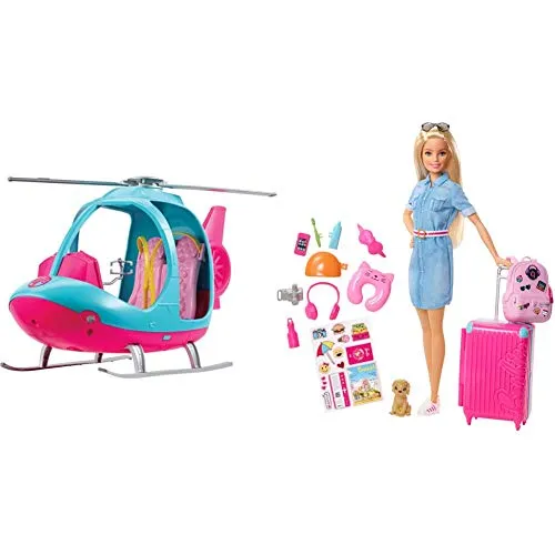 Barbie In Viaggio, Bambola Bionda Con Cucciolo, Valigia Che Si Apre, Adesivi E Accessori & Fwy29 L'Elicottero Per Bambole, Rosa E Azzurro Con Elica Che Gira, Giocattolo Per Bambini 3 Anni