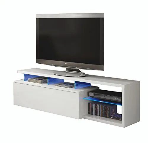 Dmora Mobile Basso TV 1 Anta, con LED-Laminato Bianco, 43 x 150 x 41 cm