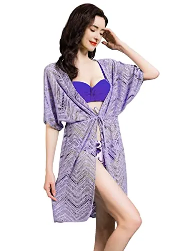 POWER FLOWER Abito da Spiaggia da Donna Bikini Coprire Coulisse Regolabile in Vita Costumi da Bagno Coprire per Le Vacanze (90018-Purple, M)