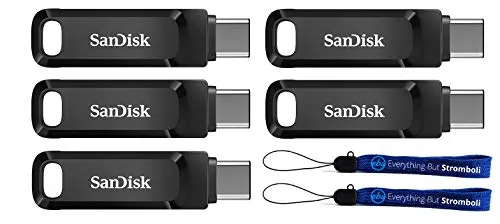 SanDisk 128GB Ultra Dual Drive Go (SDDDC3-128G-G46) 2-in-1 USB Type-A & Type-C Flash Drive - 5 Pack Bundle with 2 Everything But Stromboli Lanyards