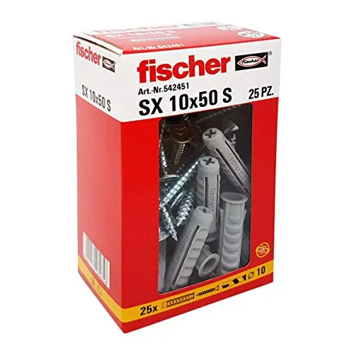 Fischer 25 Tasselli SX con vite, 10 x 50 mm, per Muro pieno e Mattone Forato, 542451