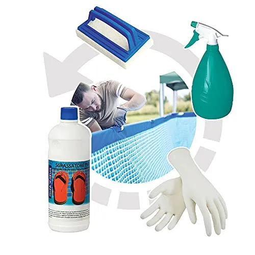 Opengardenweb Kit Sgrassatore Detergente per Pulizia Liner e Bordo Piscina 1 LT + Spazzola + Spruzzino Erogatore + Guanti - Ideale per Piscine Spa Idromassaggio (Kit da 1 Litro)