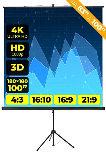 Schermo Proiettore Provis Treppiede (100 Pollici) 200cm (180x180cm) Formato 4:3 16:9 16:10 Leggero 2 Metri Schermo Proiezione 2mt Telo Proiettore Videoproiettore Videoproiezione 2 mt 4K Full HD 3D